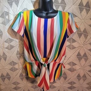 blu pepper size medium multi color striped blouse with front tie